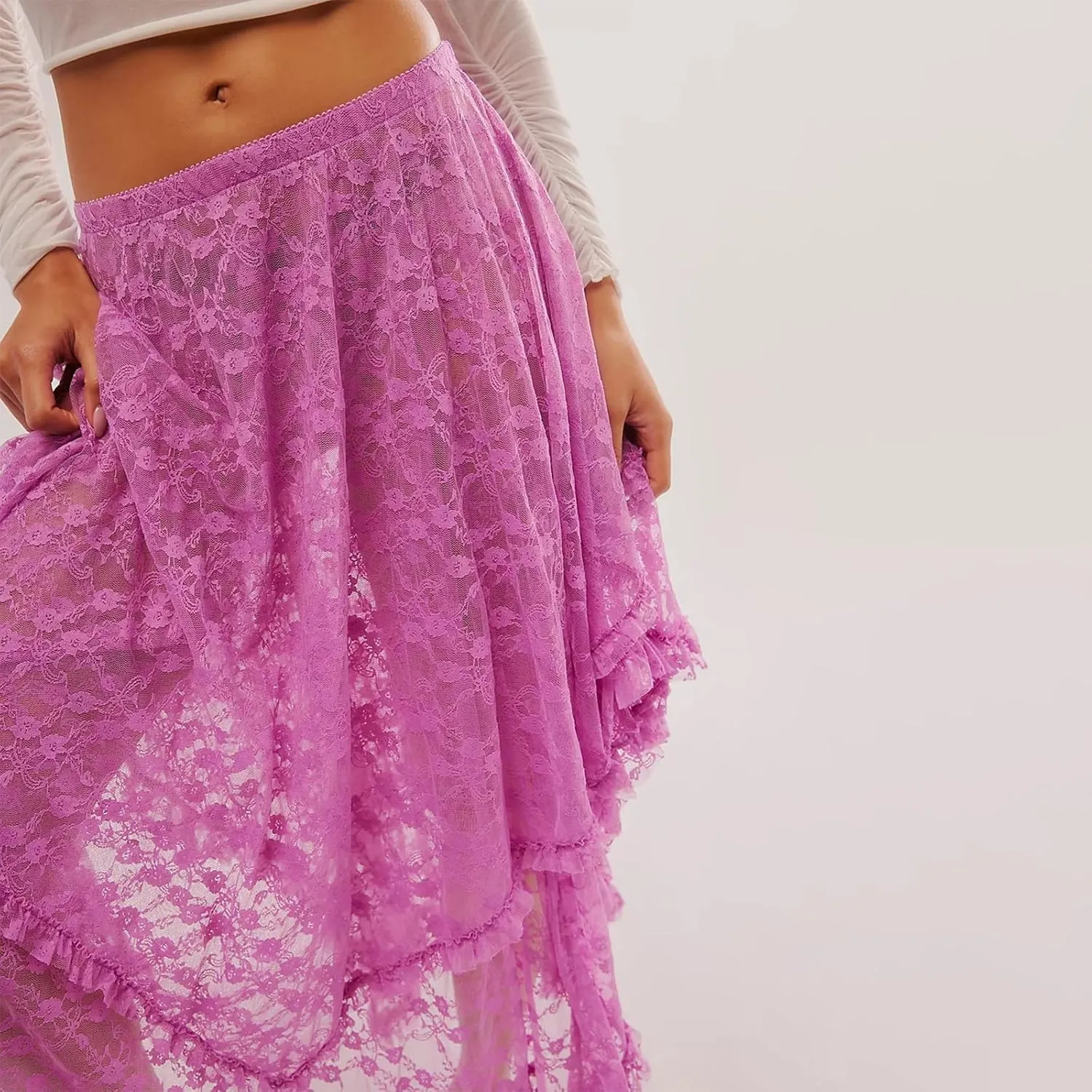 Women's Lace Long Skirt Elastic High Waist Asymmetrical Layered Flowy Maxi Skirt Irregular Hem Beach Boho Skirts