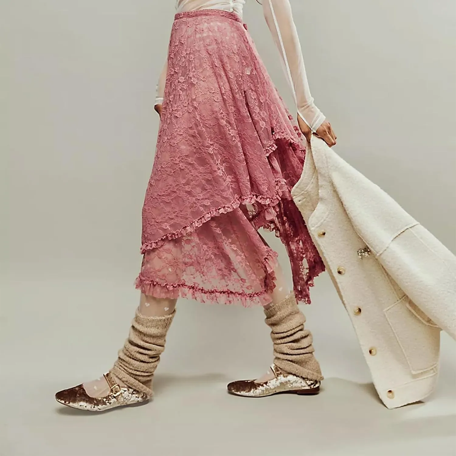 Women's Lace Long Skirt Elastic High Waist Asymmetrical Layered Flowy Maxi Skirt Irregular Hem Beach Boho Skirts