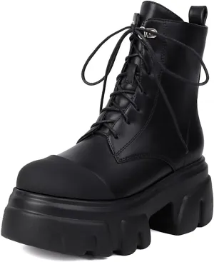 Women's Leather Black Platform Dressy Combat Boots Lightweight Gothic Round Toe Zipper Block Chunky Heel Lug Sole Lace Up Goth Ankle Boots