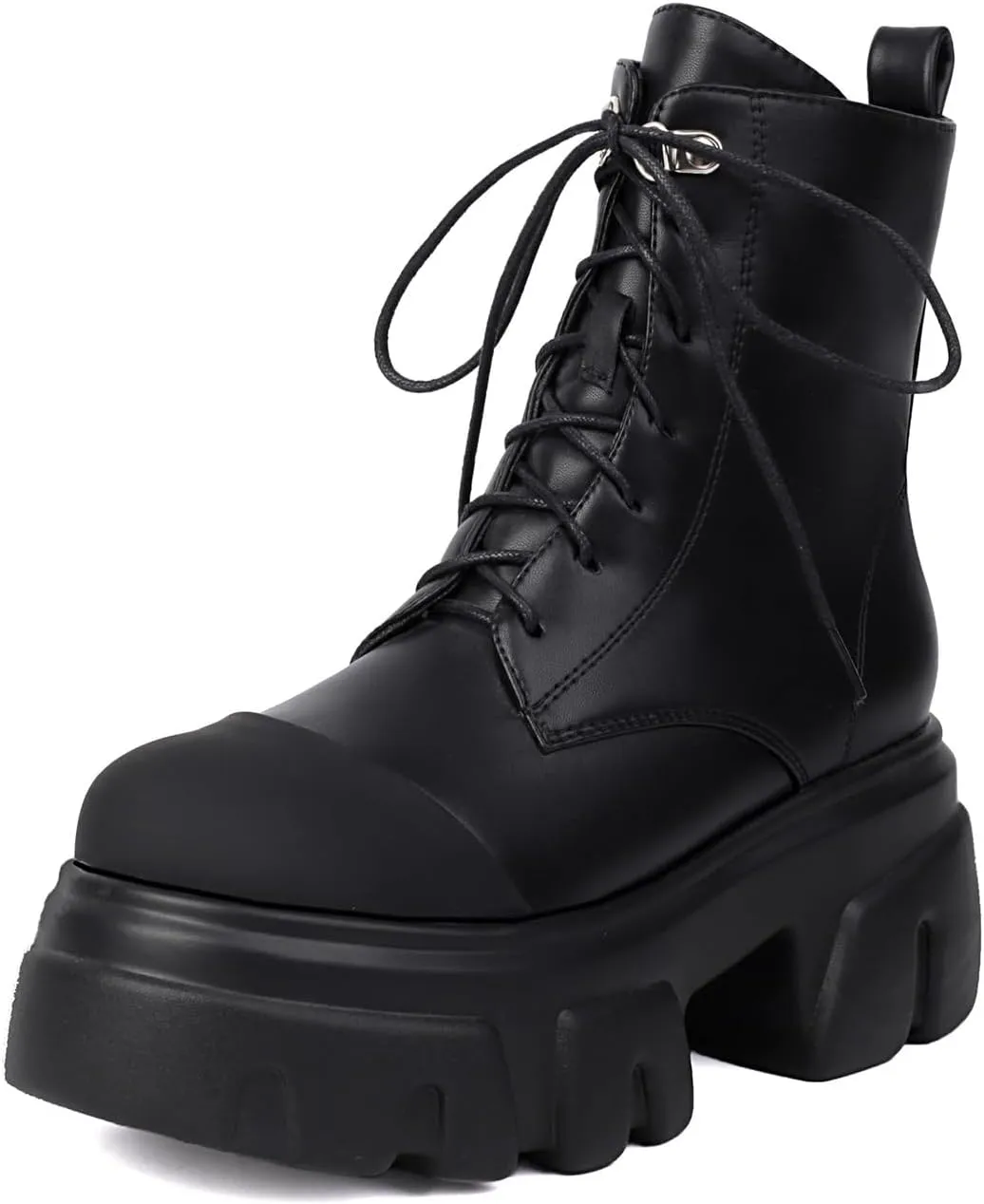 Women's Leather Black Platform Dressy Combat Boots Lightweight Gothic Round Toe Zipper Block Chunky Heel Lug Sole Lace Up Goth Ankle Boots