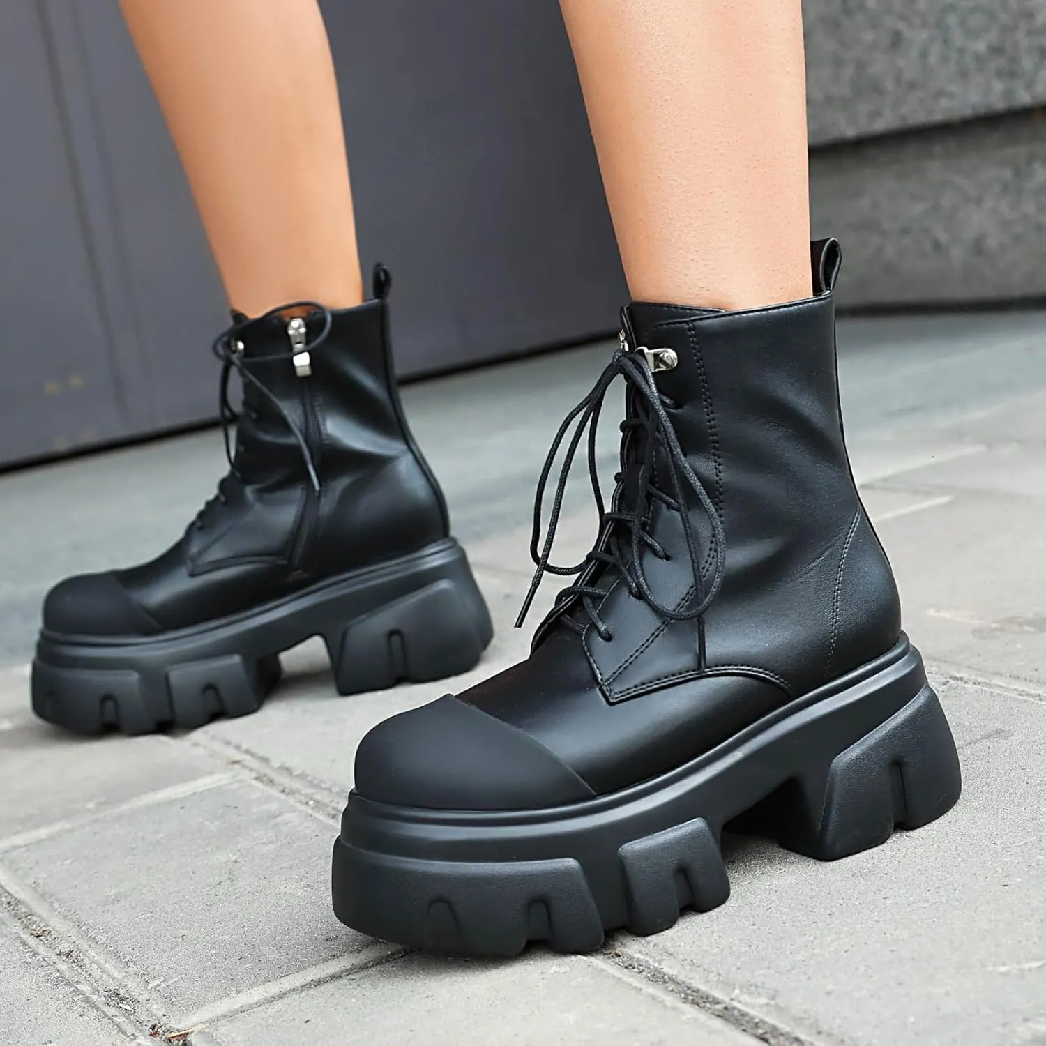 Women's Leather Black Platform Dressy Combat Boots Lightweight Gothic Round Toe Zipper Block Chunky Heel Lug Sole Lace Up Goth Ankle Boots