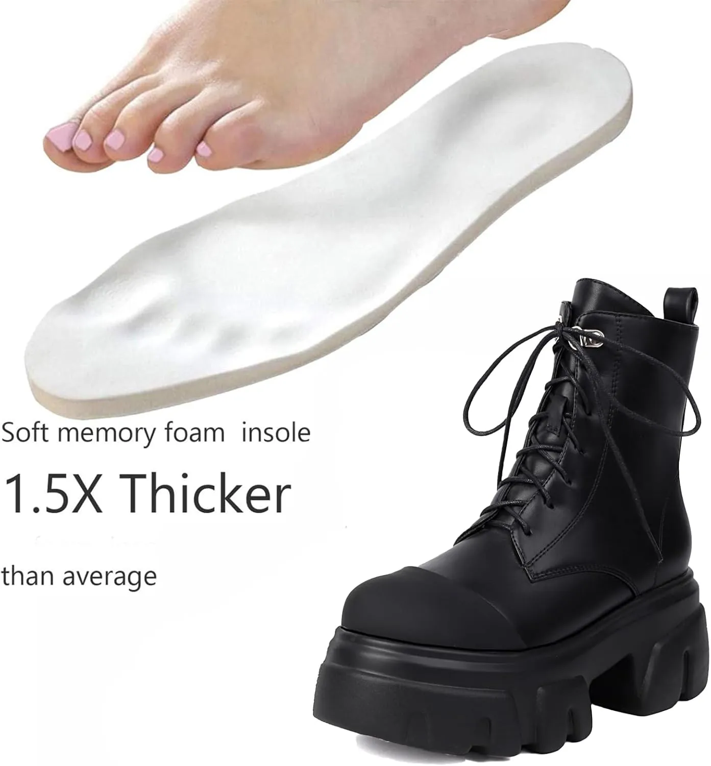 Women's Leather Black Platform Dressy Combat Boots Lightweight Gothic Round Toe Zipper Block Chunky Heel Lug Sole Lace Up Goth Ankle Boots