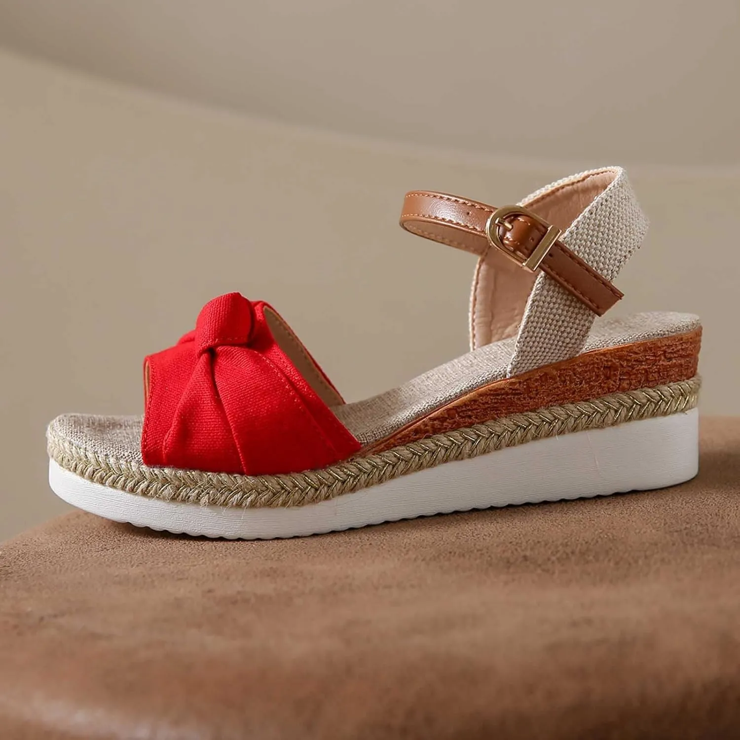 Women’s Linen Wedge Sandals – Open-Toe Espadrille Platform with Brown Leather Ankle Strap – Casual Summer Shoes for Outings & Daily Wear (Sizes 6–11)