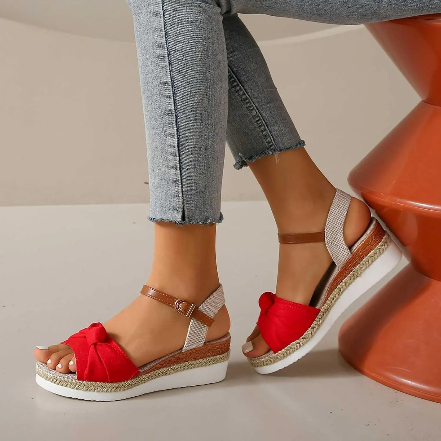 Women’s Linen Wedge Sandals – Open-Toe Espadrille Platform with Brown Leather Ankle Strap – Casual Summer Shoes for Outings & Daily Wear (Sizes 6–11)