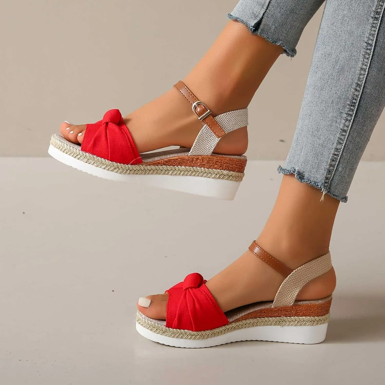 Women’s Linen Wedge Sandals – Open-Toe Espadrille Platform with Brown Leather Ankle Strap – Casual Summer Shoes for Outings & Daily Wear (Sizes 6–11)