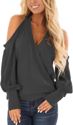 Women's Long Sleeve Tops Sexy Casual Cold Shoulder Tunic Shirts Wrap v Neck Halter Blouses Going Out
