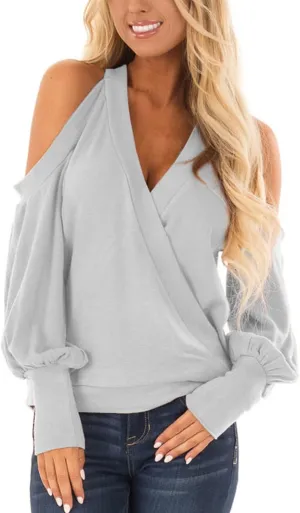 Women's Long Sleeve Tops Sexy Casual Cold Shoulder Tunic Shirts Wrap v Neck Halter Blouses Going Out