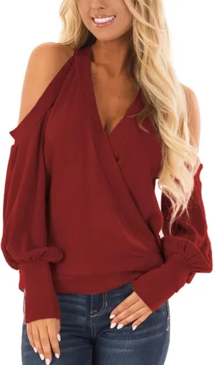 Women's Long Sleeve Tops Sexy Casual Cold Shoulder Tunic Shirts Wrap v Neck Halter Blouses Going Out