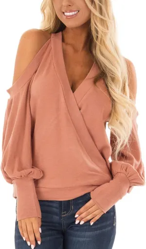 Women's Long Sleeve Tops Sexy Casual Cold Shoulder Tunic Shirts Wrap v Neck Halter Blouses Going Out