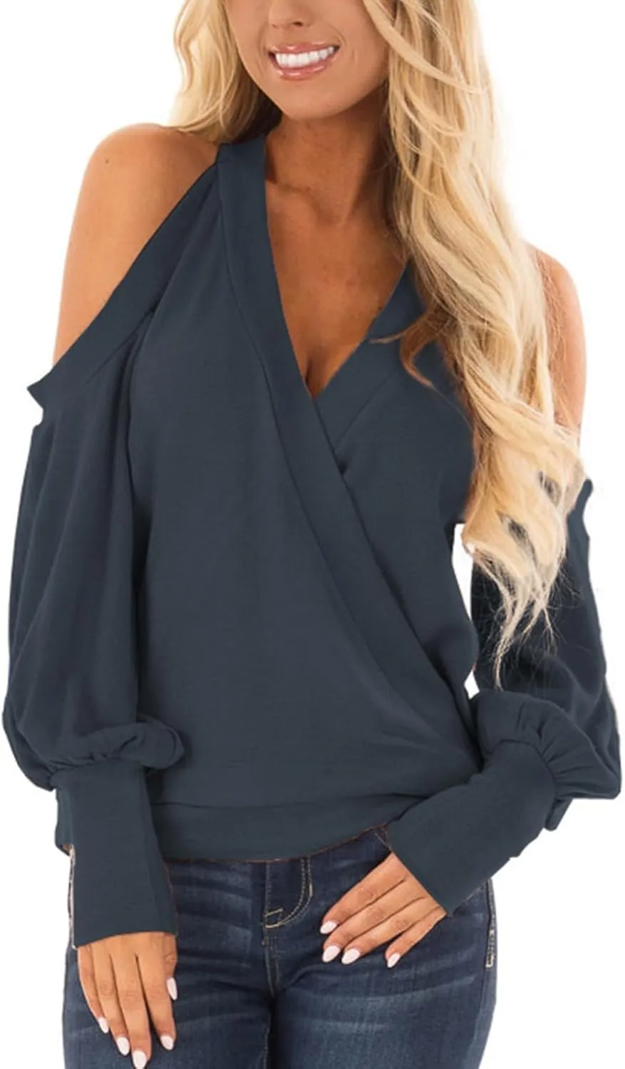 Women's Long Sleeve Tops Sexy Casual Cold Shoulder Tunic Shirts Wrap v Neck Halter Blouses Going Out