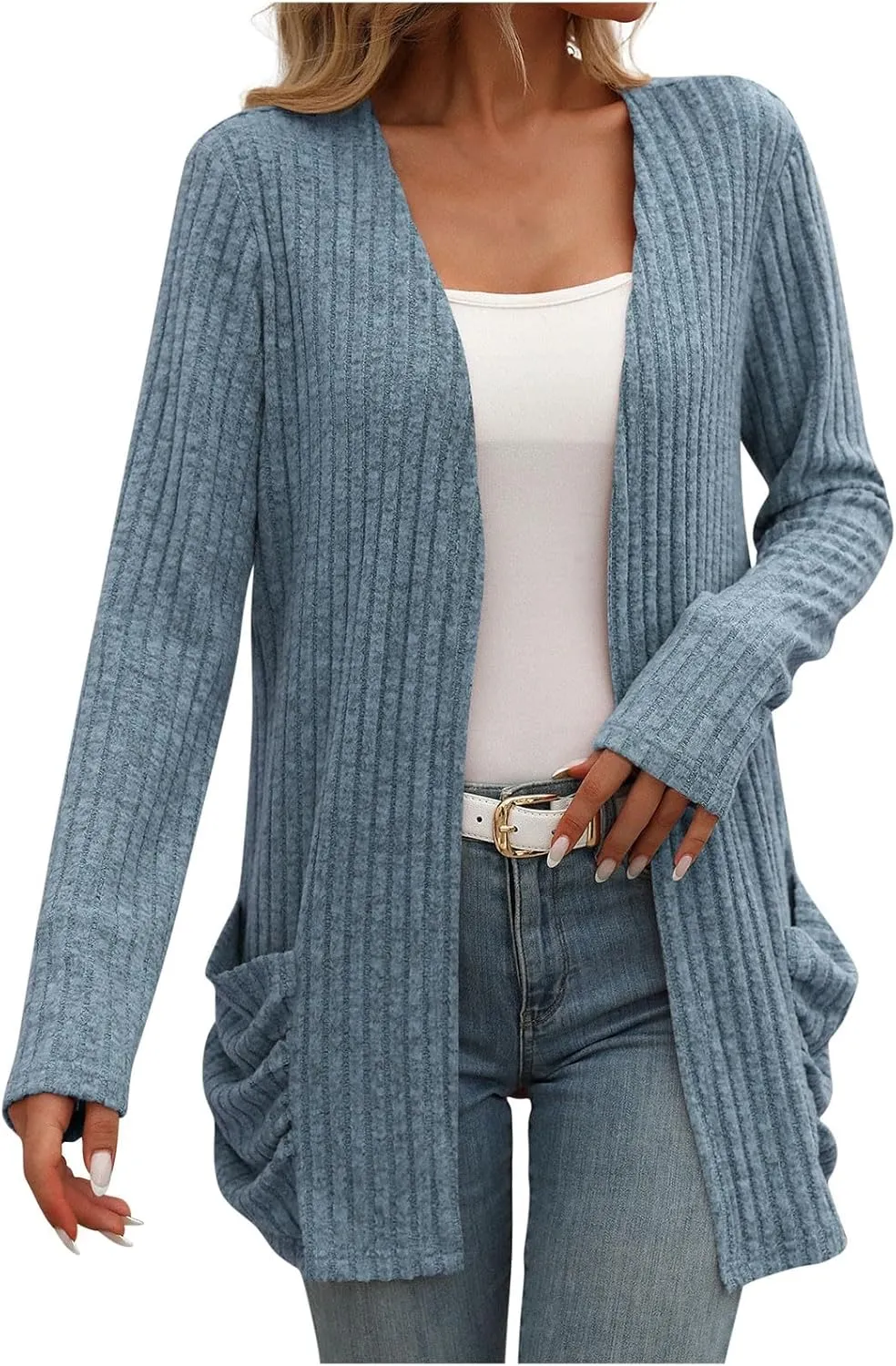 Women's Long Sleeve V Neck Cardigan Soft Open Front Outwear Loose Casual Comfortable Knit Sweater with Pockets