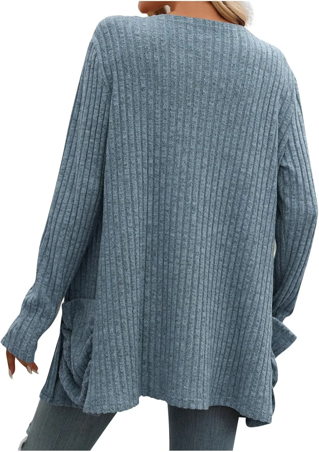 Women's Long Sleeve V Neck Cardigan Soft Open Front Outwear Loose Casual Comfortable Knit Sweater with Pockets
