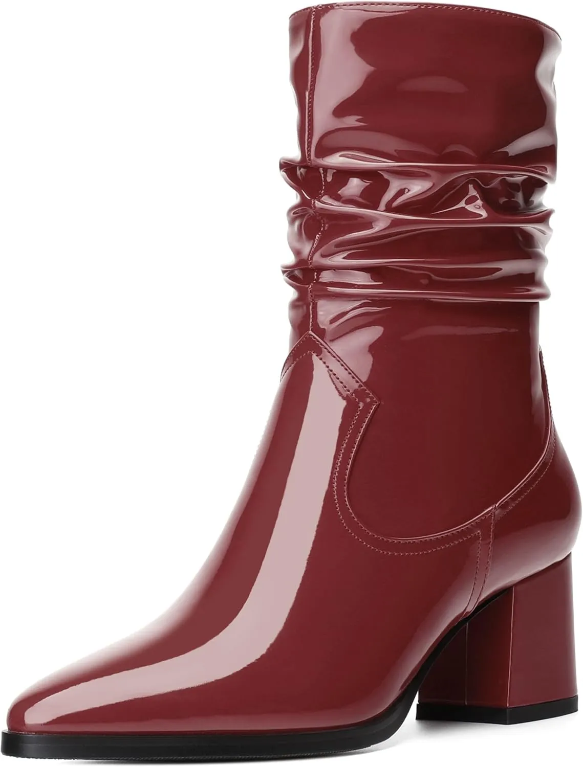 Women's Mid Calf Boots - Chunky Heel Pleated Calf Boots with Side Zipper, Pointed Toe, Perfect for Workplace, Street and Banquet