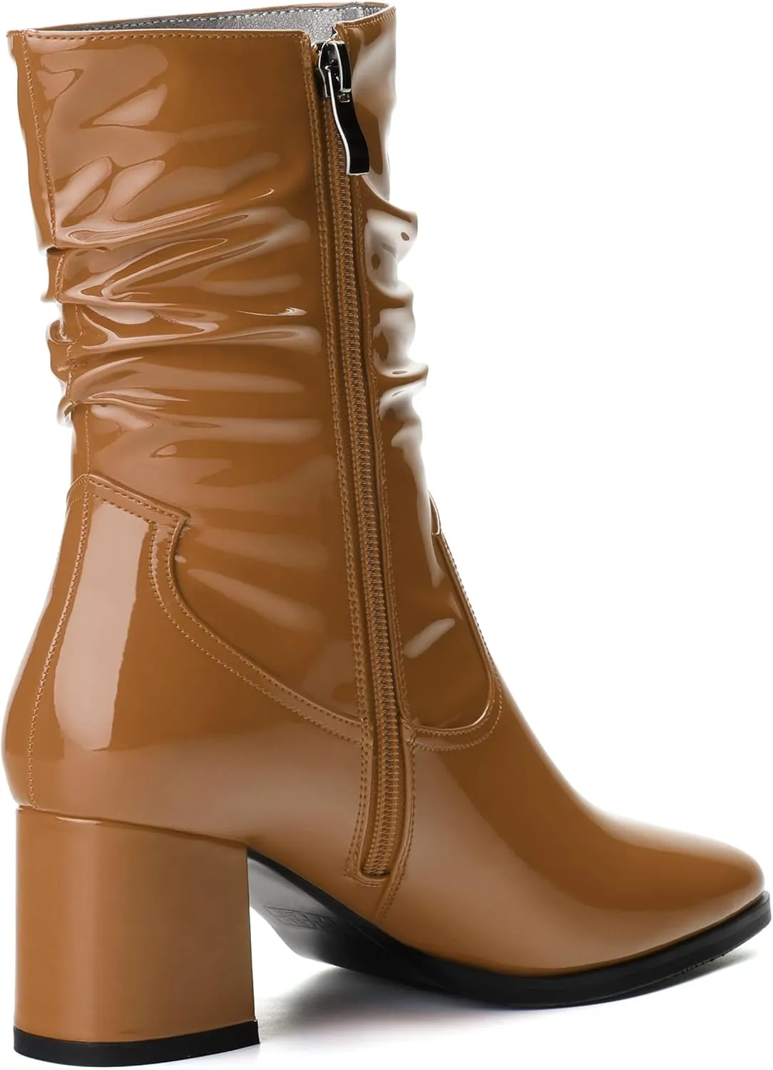 Women's Mid Calf Boots - Chunky Heel Pleated Calf Boots with Side Zipper, Pointed Toe, Perfect for Workplace, Street and Banquet