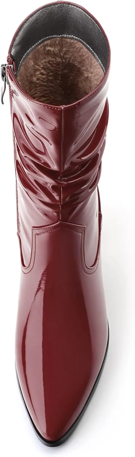 Women's Mid Calf Boots - Chunky Heel Pleated Calf Boots with Side Zipper, Pointed Toe, Perfect for Workplace, Street and Banquet