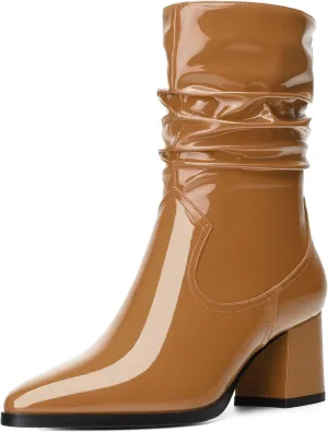 Women's Mid Calf Boots - Chunky Heel Pleated Calf Boots with Side Zipper, Pointed Toe, Perfect for Workplace, Street and Banquet