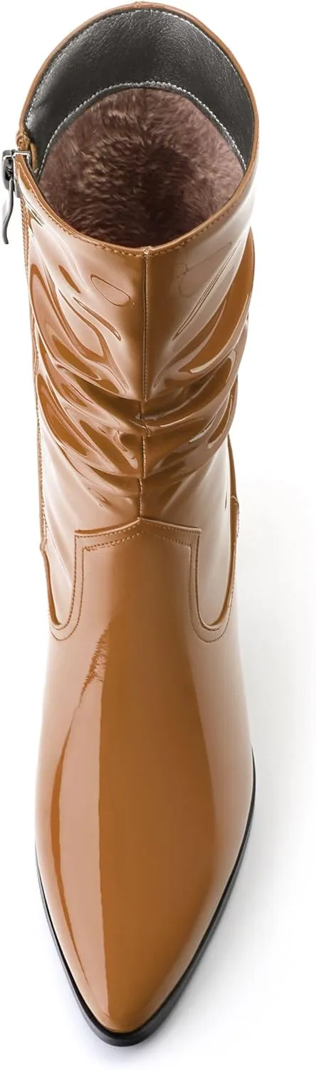 Women's Mid Calf Boots - Chunky Heel Pleated Calf Boots with Side Zipper, Pointed Toe, Perfect for Workplace, Street and Banquet