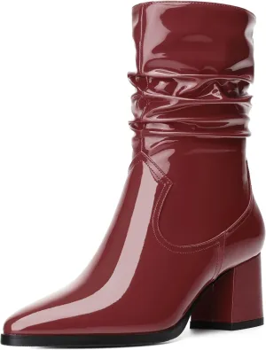 Women's Mid Calf Boots - Chunky Heel Pleated Calf Boots with Side Zipper, Pointed Toe, Perfect for Workplace, Street and Banquet