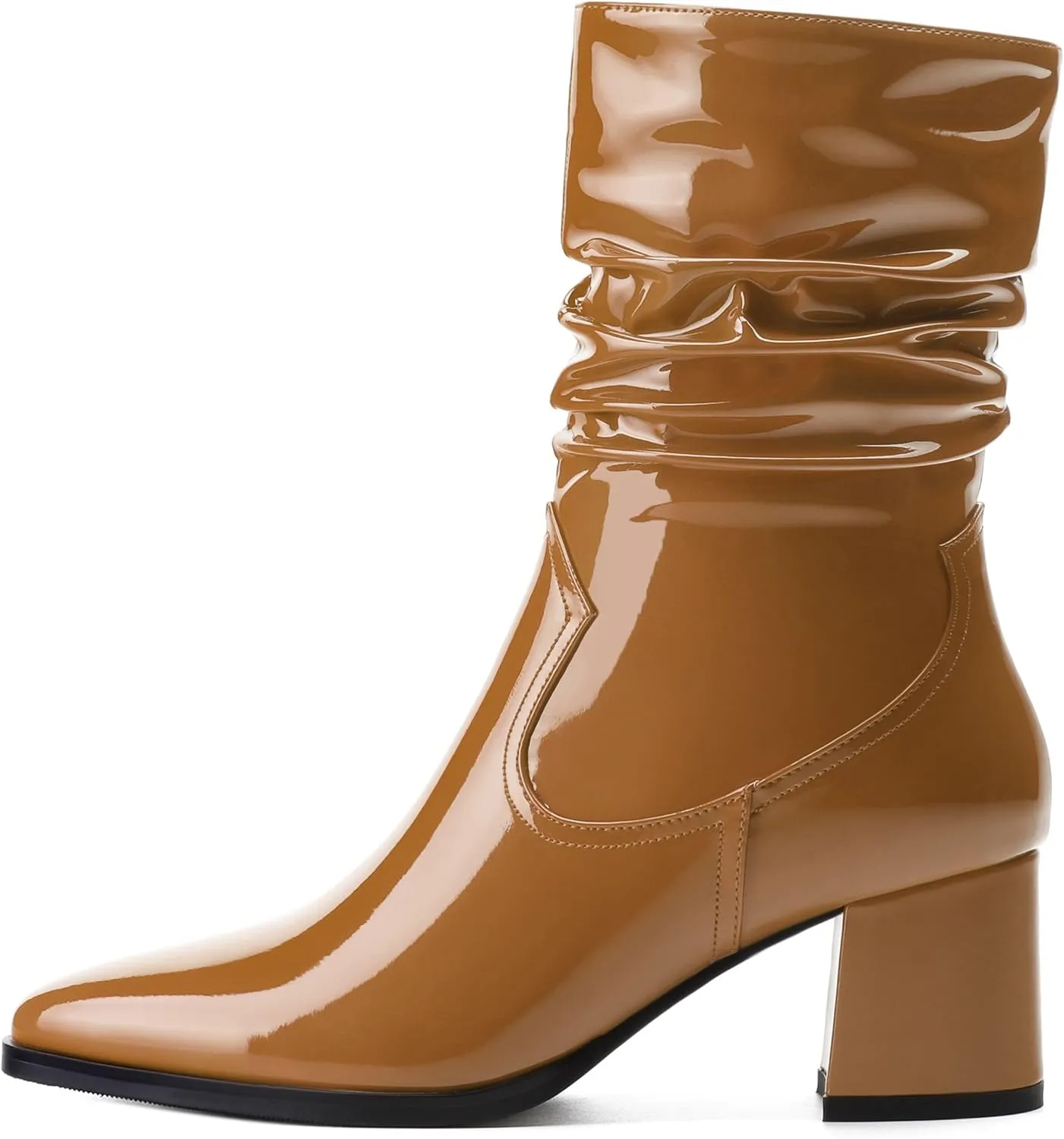 Women's Mid Calf Boots - Chunky Heel Pleated Calf Boots with Side Zipper, Pointed Toe, Perfect for Workplace, Street and Banquet