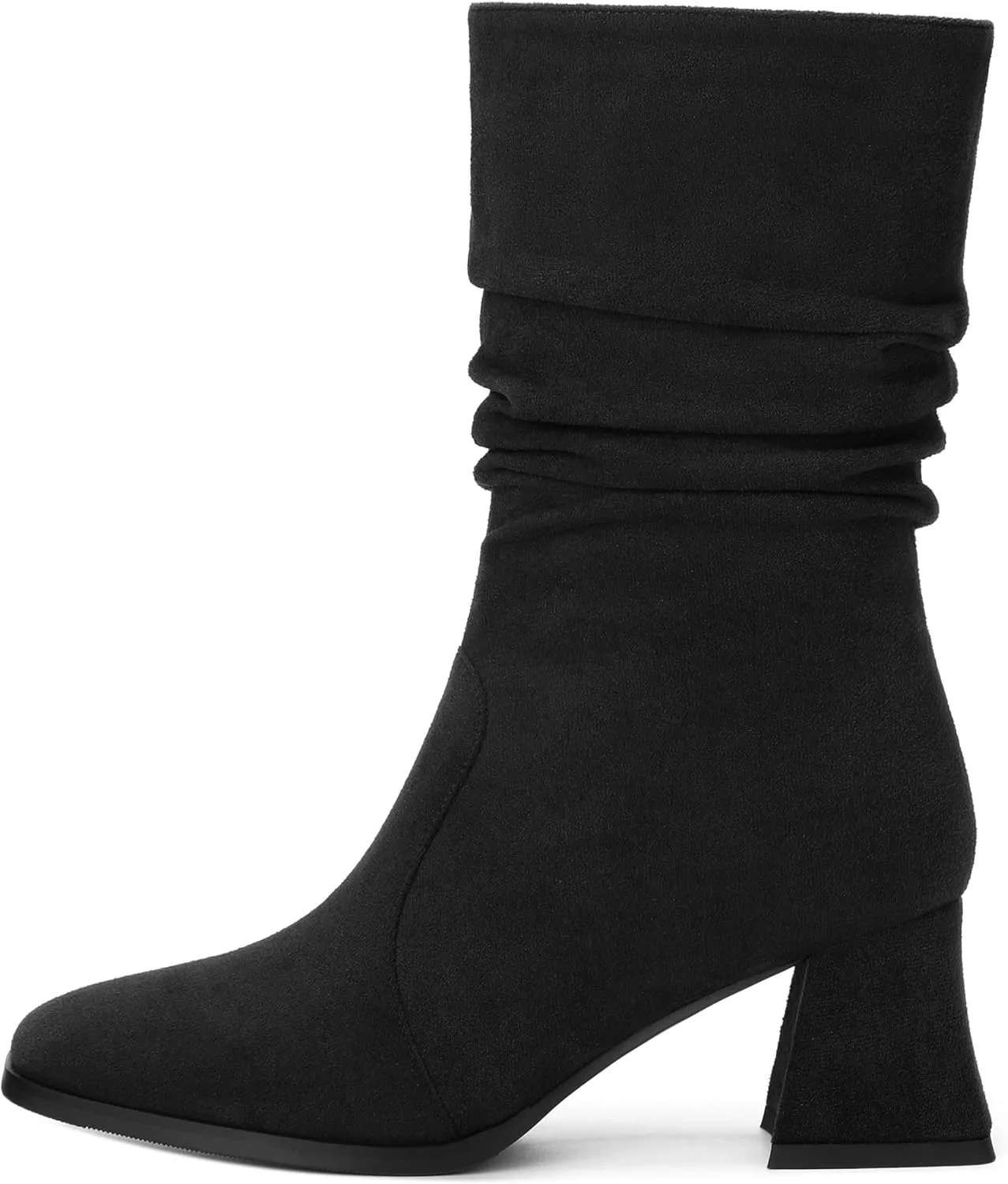 Women's Mid-Calf Boots, Fashionable Square Toe, Mid Heel, Side Zipper, and Slouchy Wrinkled Shaft Booties for Women