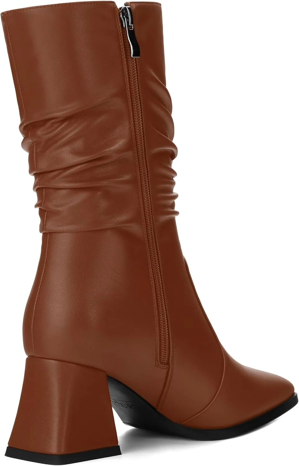 Women's Mid-Calf Boots, Fashionable Square Toe, Mid Heel, Side Zipper, and Slouchy Wrinkled Shaft Booties for Women