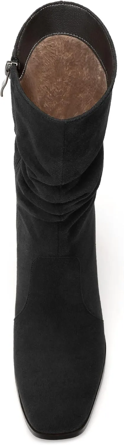 Women's Mid-Calf Boots, Fashionable Square Toe, Mid Heel, Side Zipper, and Slouchy Wrinkled Shaft Booties for Women