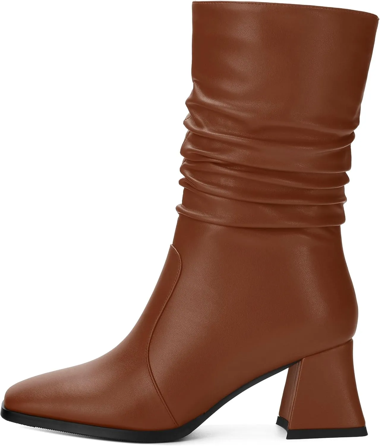 Women's Mid-Calf Boots, Fashionable Square Toe, Mid Heel, Side Zipper, and Slouchy Wrinkled Shaft Booties for Women