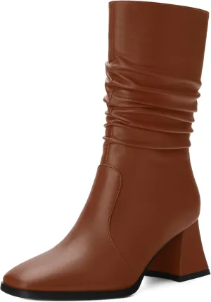 Women's Mid-Calf Boots, Fashionable Square Toe, Mid Heel, Side Zipper, and Slouchy Wrinkled Shaft Booties for Women