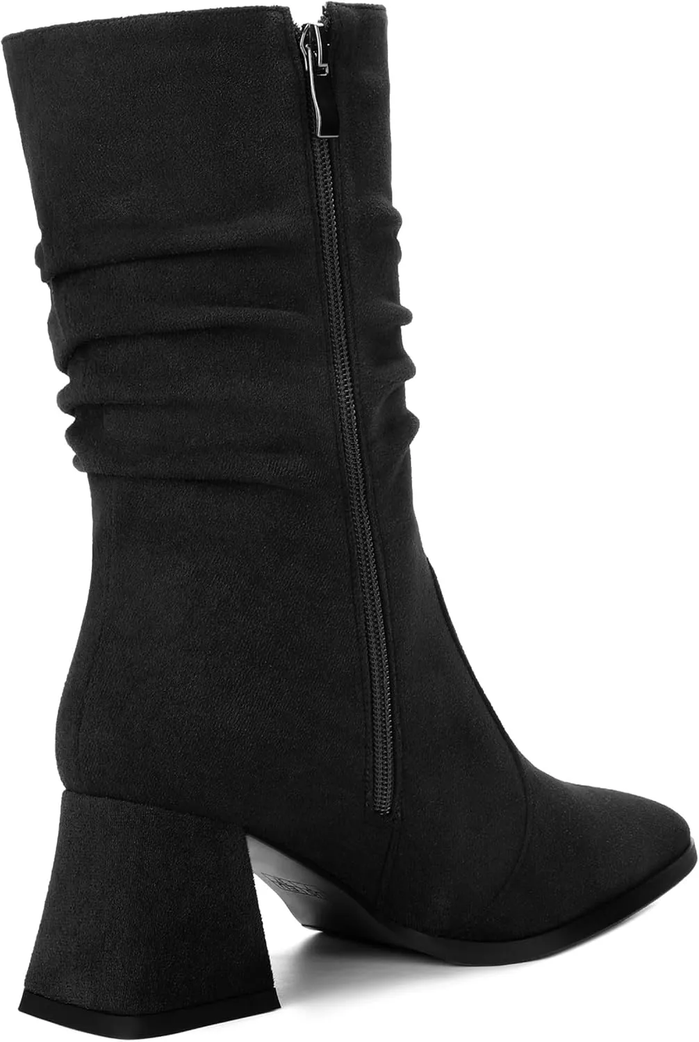 Women's Mid-Calf Boots, Fashionable Square Toe, Mid Heel, Side Zipper, and Slouchy Wrinkled Shaft Booties for Women