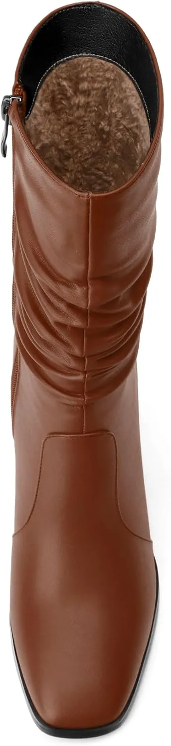 Women's Mid-Calf Boots, Fashionable Square Toe, Mid Heel, Side Zipper, and Slouchy Wrinkled Shaft Booties for Women