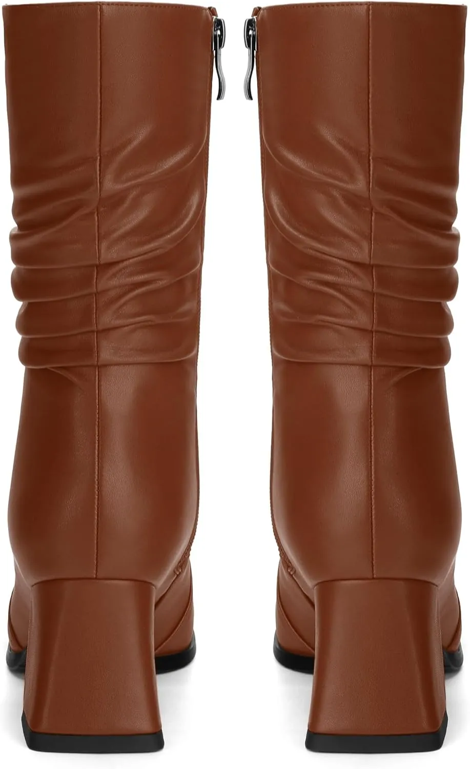 Women's Mid-Calf Boots, Fashionable Square Toe, Mid Heel, Side Zipper, and Slouchy Wrinkled Shaft Booties for Women