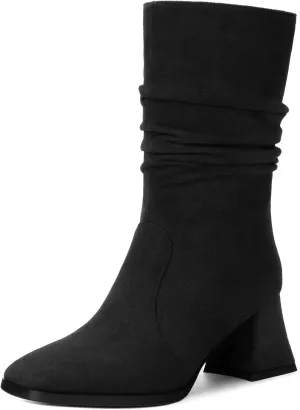 Women's Mid-Calf Boots, Fashionable Square Toe, Mid Heel, Side Zipper, and Slouchy Wrinkled Shaft Booties for Women