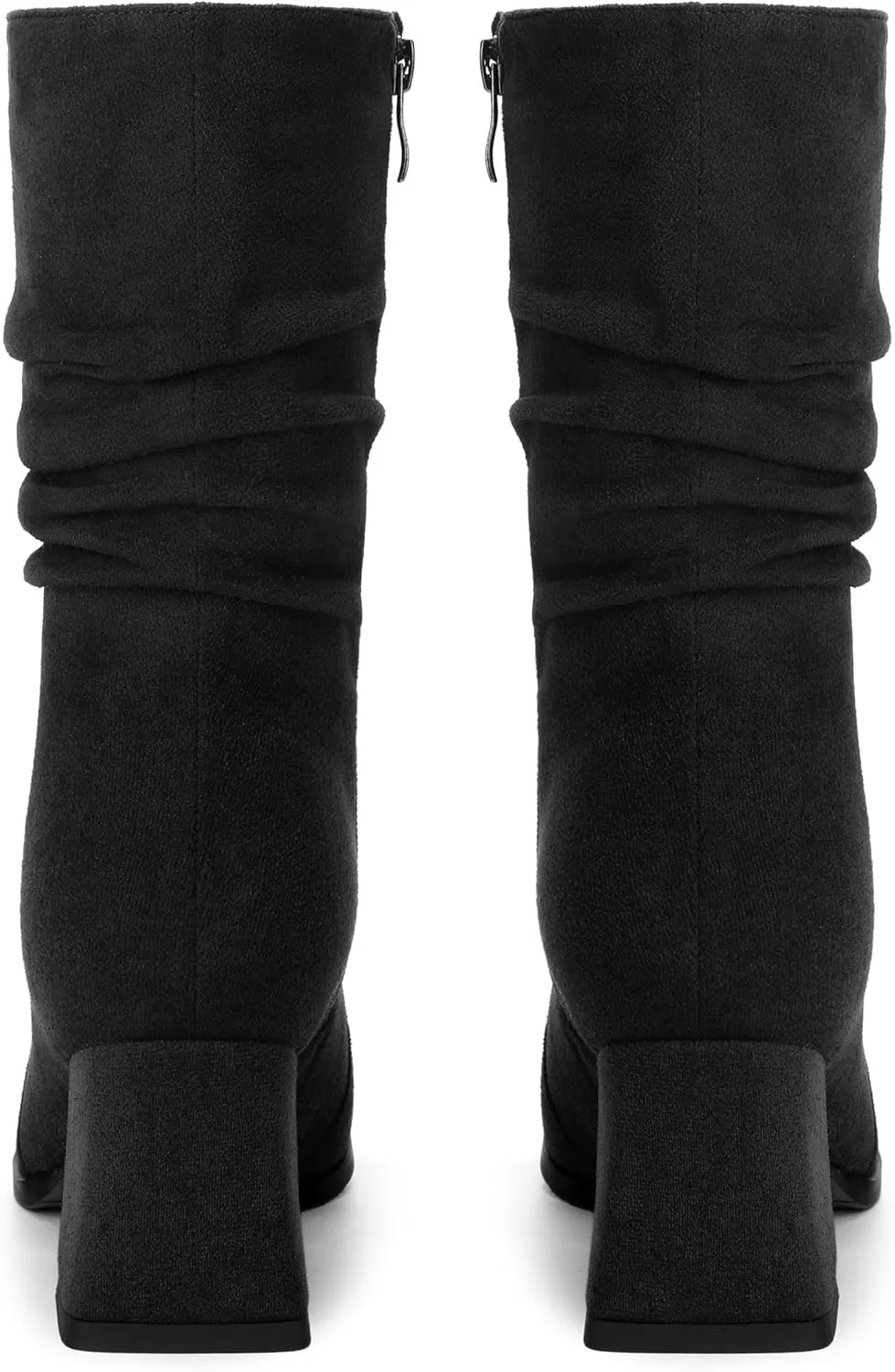 Women's Mid-Calf Boots, Fashionable Square Toe, Mid Heel, Side Zipper, and Slouchy Wrinkled Shaft Booties for Women