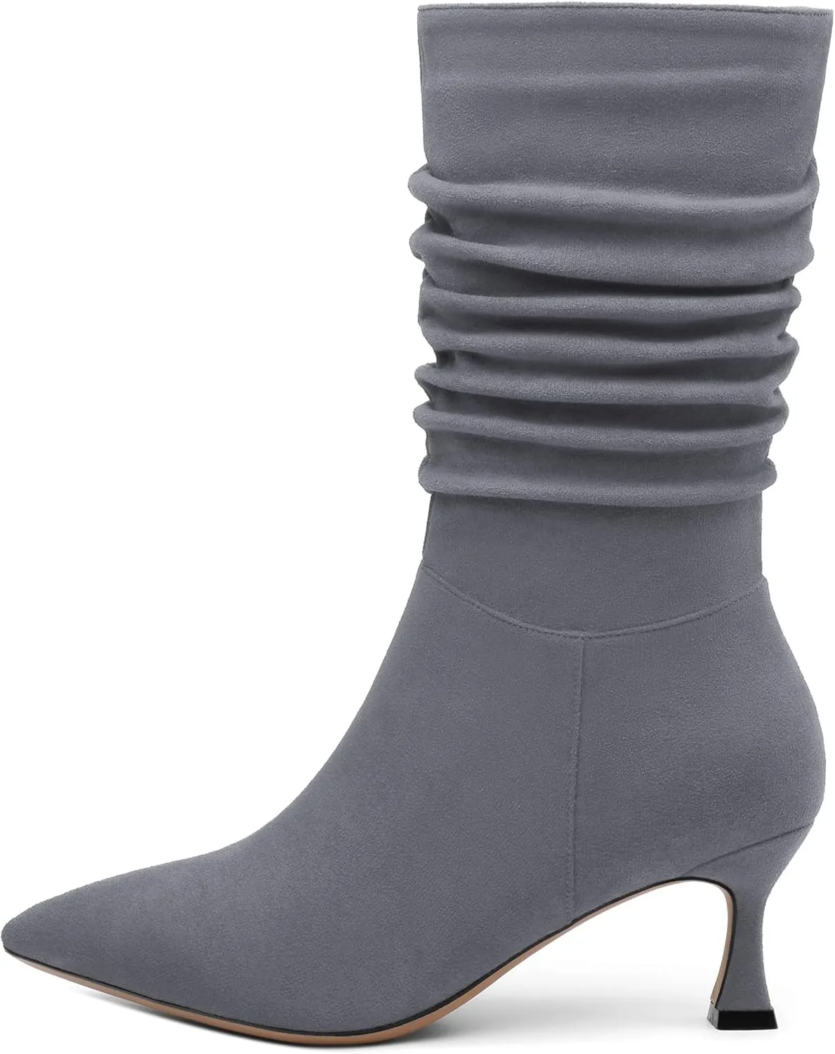 Women's Mid Calf Boots Suede Ruched Kitten High Heel Booties Sexy Pointed Toe Zipper Autumn Winter Fashion Dressy Boots 2.5 Inch