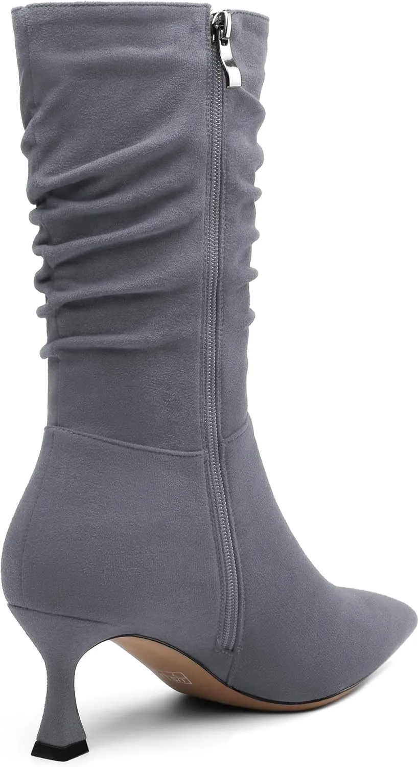 Women's Mid Calf Boots Suede Ruched Kitten High Heel Booties Sexy Pointed Toe Zipper Autumn Winter Fashion Dressy Boots 2.5 Inch