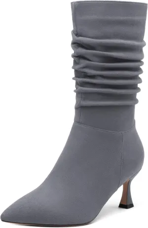 Women's Mid Calf Boots Suede Ruched Kitten High Heel Booties Sexy Pointed Toe Zipper Autumn Winter Fashion Dressy Boots 2.5 Inch