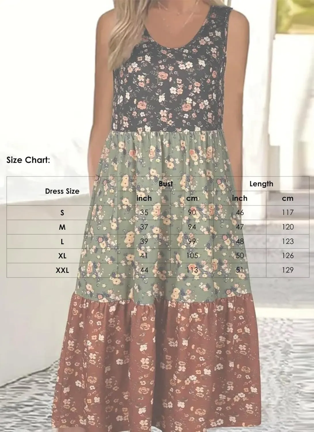 Womens Midi Dress Sleeveless V-Neck Side Pockets Floral Print Color - Blocked Stylish 2025 Summer Daily Vacation Dress
