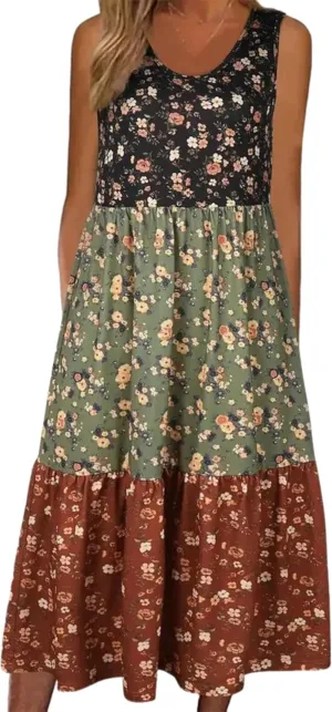 Womens Midi Dress Sleeveless V-Neck Side Pockets Floral Print Color - Blocked Stylish 2025 Summer Daily Vacation Dress