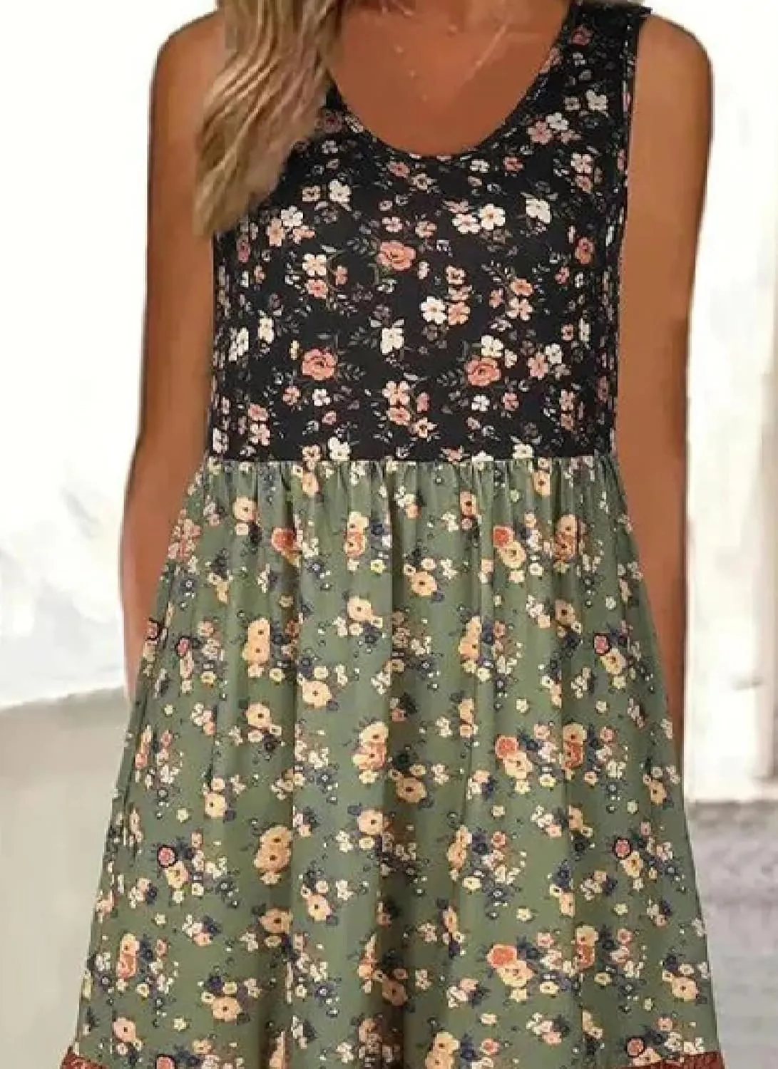 Womens Midi Dress Sleeveless V-Neck Side Pockets Floral Print Color - Blocked Stylish 2025 Summer Daily Vacation Dress