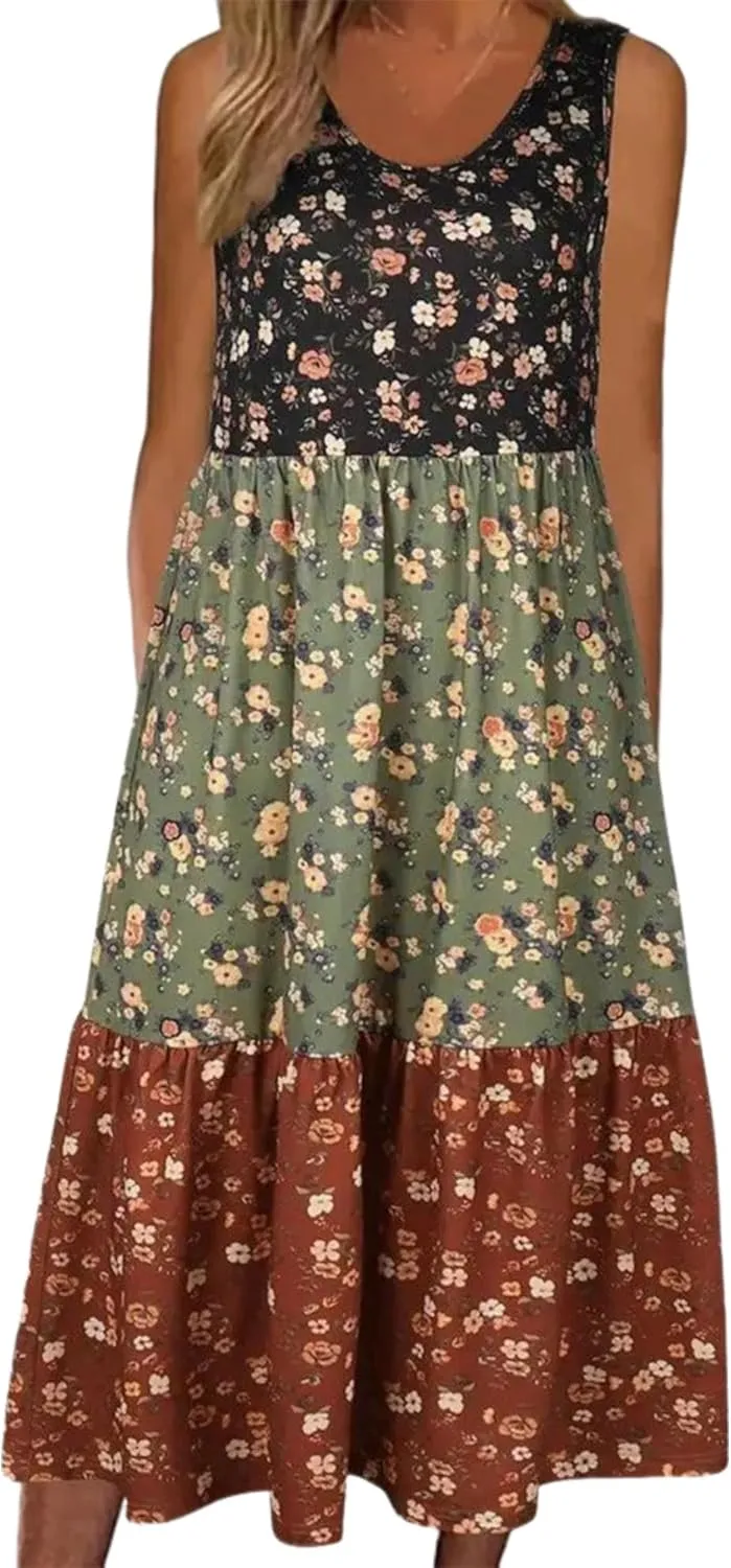 Womens Midi Dress Sleeveless V-Neck Side Pockets Floral Print Color - Blocked Stylish 2025 Summer Daily Vacation Dress