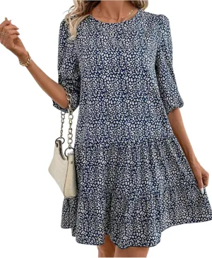 Women's Mini Dress Print 3/4 Sleeve Round Neck Fashion Casual Bohemian 2025 Summer Spring Resort Dress