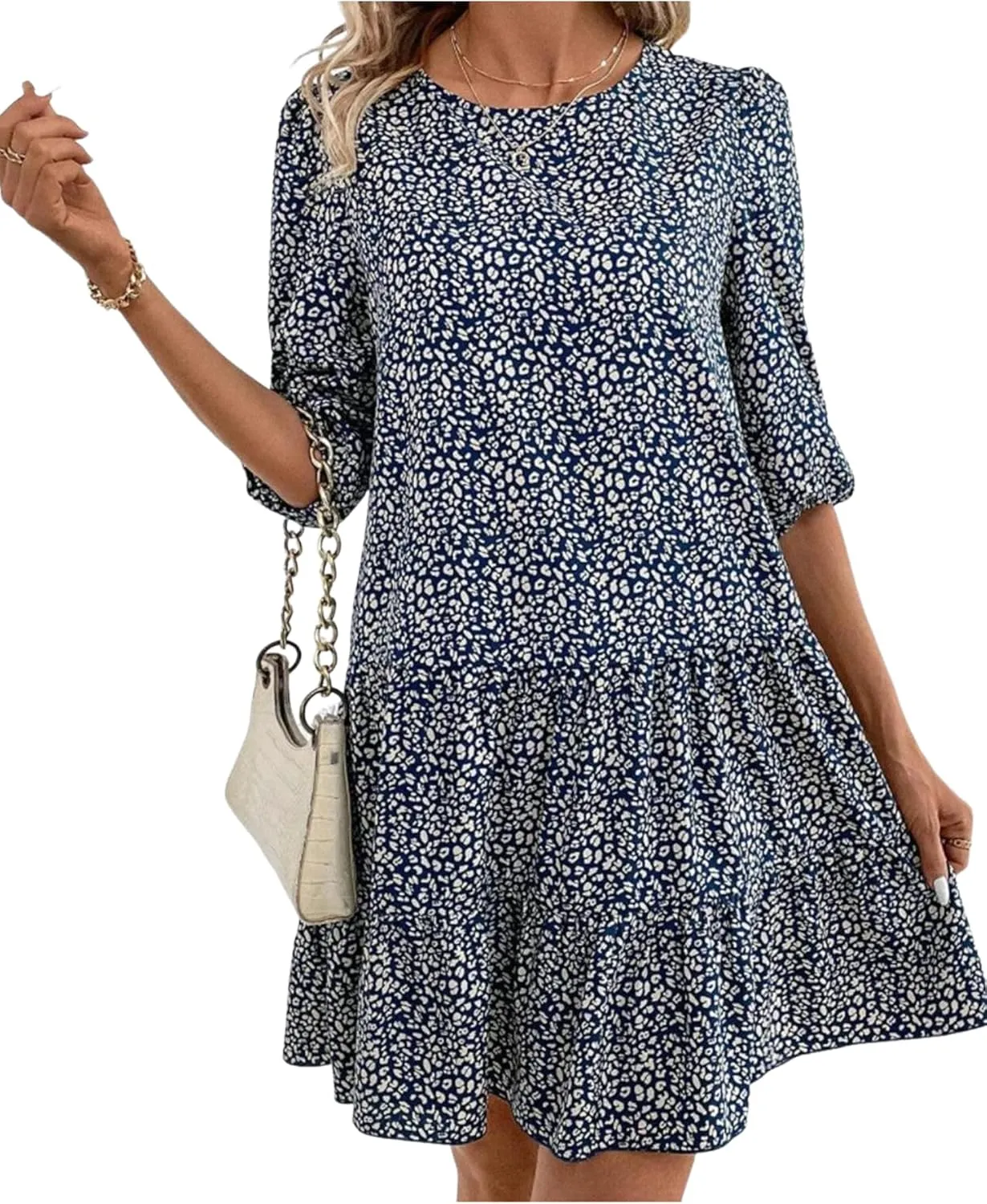 Women's Mini Dress Print 3/4 Sleeve Round Neck Fashion Casual Bohemian 2025 Summer Spring Resort Dress