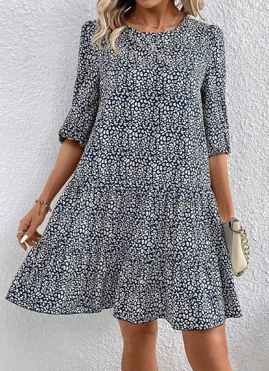 Women's Mini Dress Print 3/4 Sleeve Round Neck Fashion Casual Bohemian 2025 Summer Spring Resort Dress