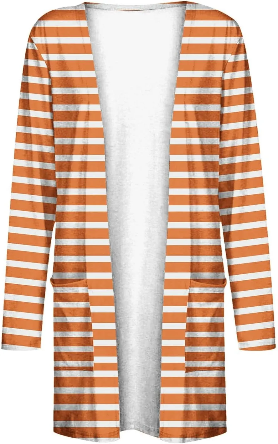 Womens Open Front Long Sleeve Cardigan Striped Cardigans Casual Lightweight Trendy Sweater with Pockets