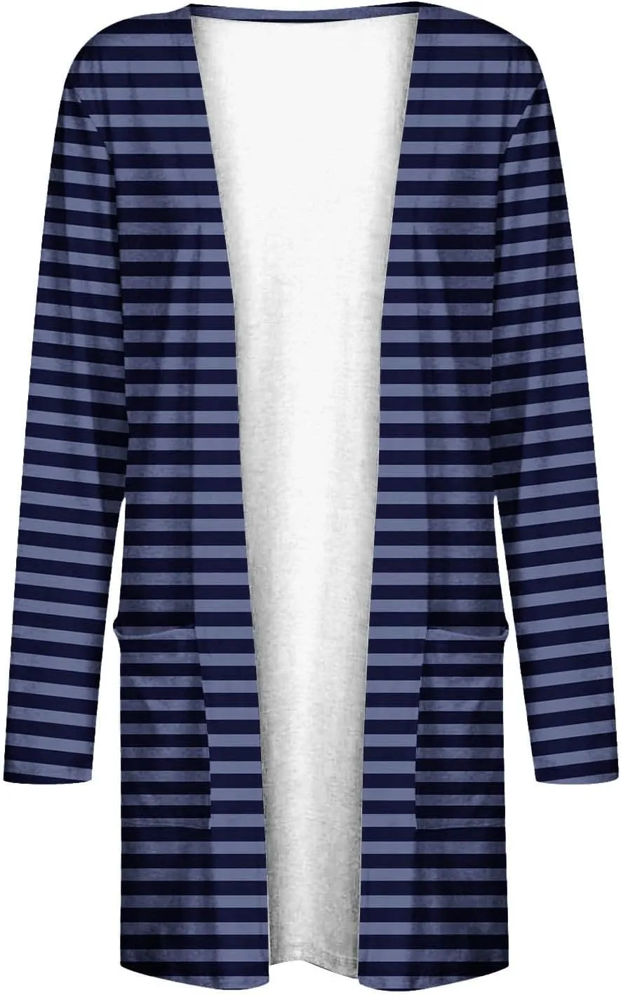 Womens Open Front Long Sleeve Cardigan Striped Cardigans Casual Lightweight Trendy Sweater with Pockets