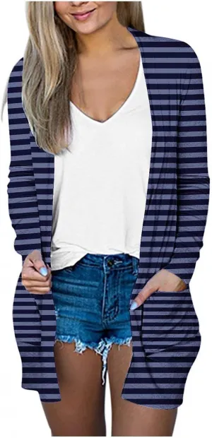 Womens Open Front Long Sleeve Cardigan Striped Cardigans Casual Lightweight Trendy Sweater with Pockets
