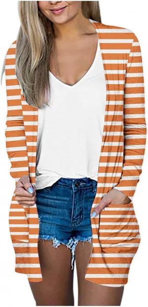 Womens Open Front Long Sleeve Cardigan Striped Cardigans Casual Lightweight Trendy Sweater with Pockets
