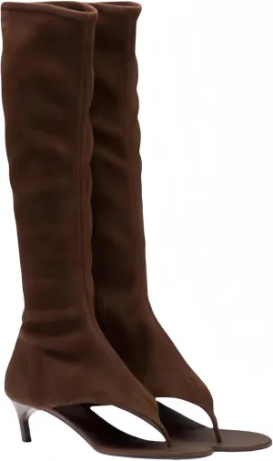 Womens Open Toe Thong Knee High Boots with Zipper Stretch Fabric and Kitten Low Heel Tall Sandal Boots