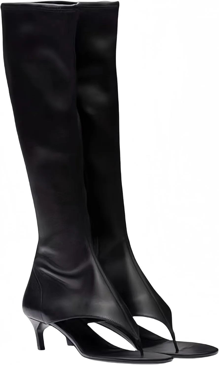 Womens Open Toe Thong Knee High Boots with Zipper Stretch Fabric and Kitten Low Heel Tall Sandal Boots