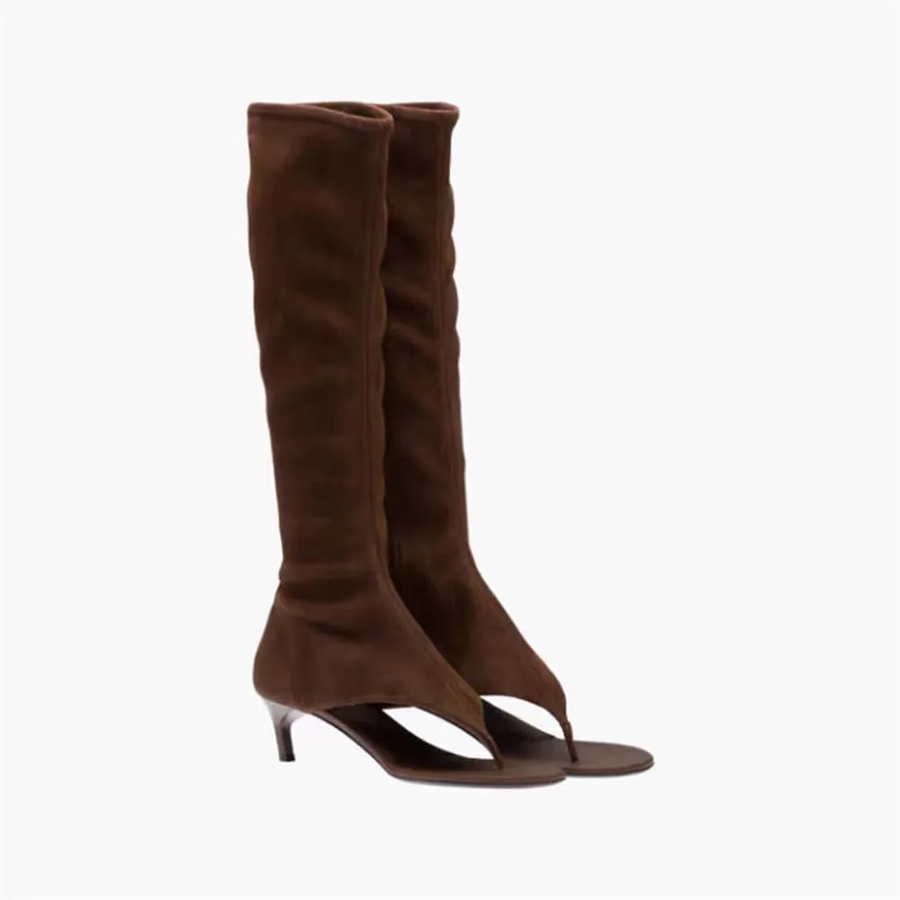 Womens Open Toe Thong Knee High Boots with Zipper Stretch Fabric and Kitten Low Heel Tall Sandal Boots